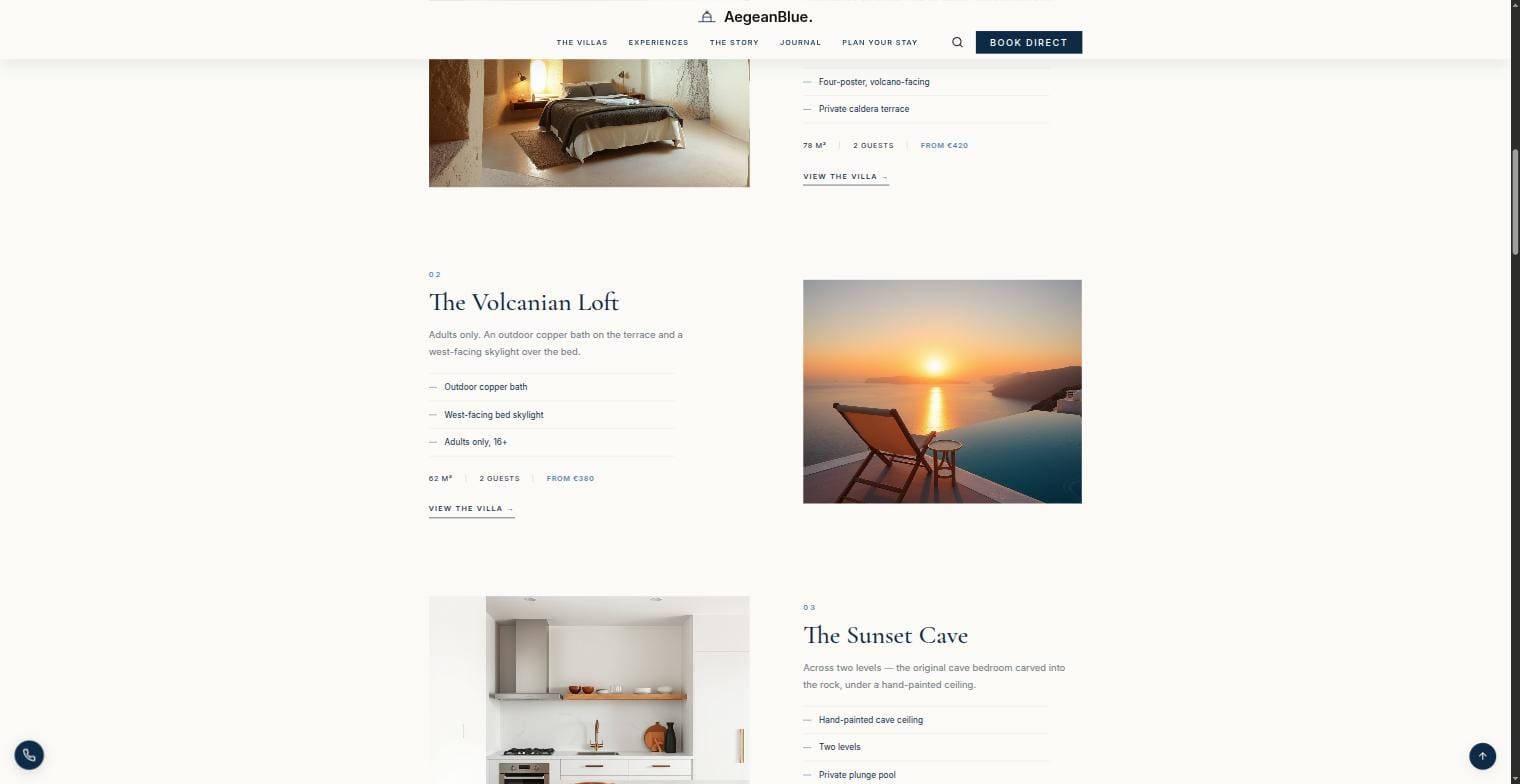 AegeanBlue WordPress theme — λίστα καταλυμάτων με χαρακτηριστικά και τιμή