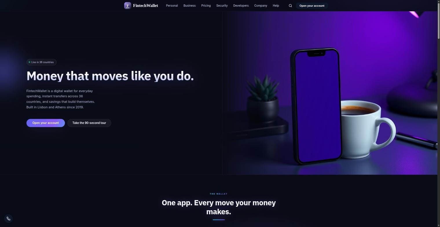 FintechWallet WordPress theme — σκούρα αρχική σελίδα