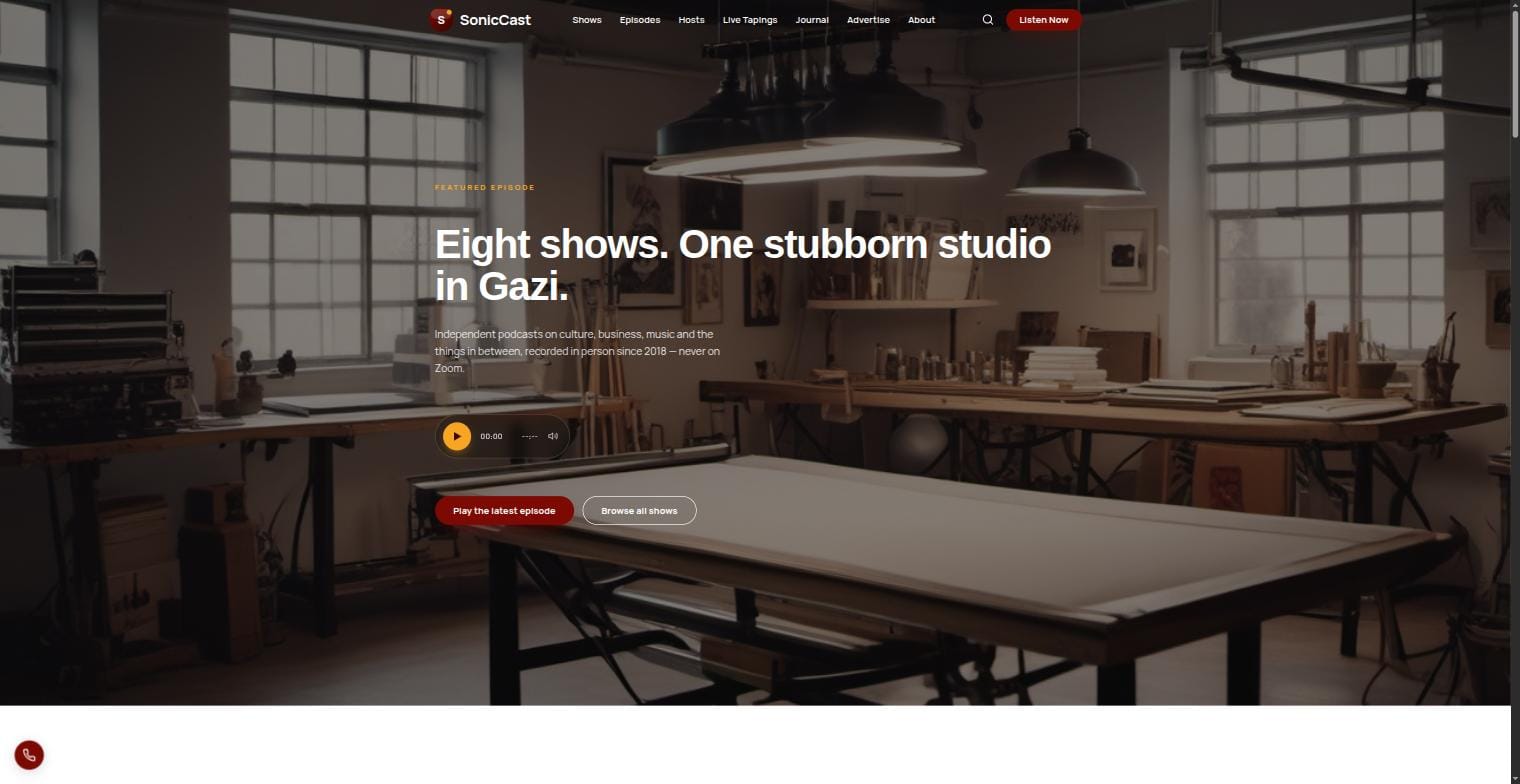 SonicCast WordPress theme — αρχική σελίδα με player επεισοδίου